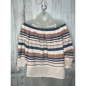 WOMENS TAN WHITE BLUE COTTON LIGHT AIRY FLOWY BOHO OFF SHOULDER TIE SLEEVE TOP